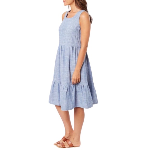 Briggs Women's sleeveless blue linen tiered ruffle dress, Sz L - Picture 3 of 15